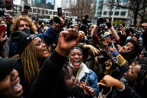 people celebrating as the verdict is announced in the trial of former police officer derek chauvin in minneapolis, minnesota