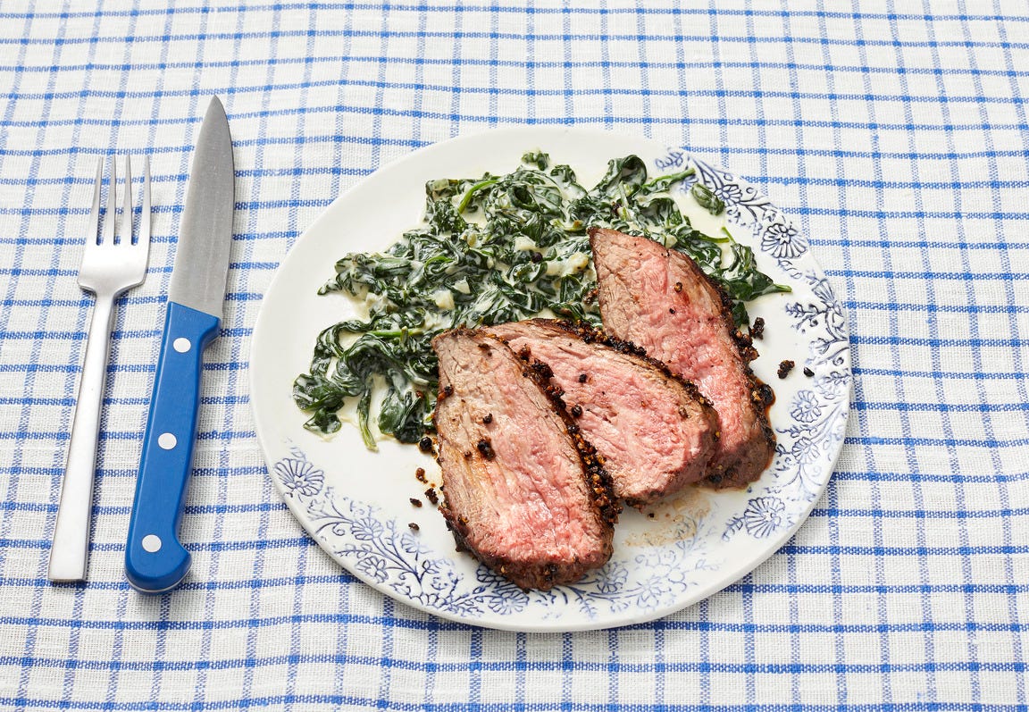 Best Peppercorn Crusted Steak With Creamed Spinach Recipe