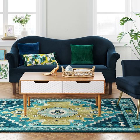 Furniture, Living room, Coffee table, Blue, Room, Table, Green, Couch, Turquoise, Yellow, 