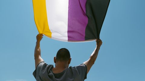 persoon zwaait met nonbinaire vlag