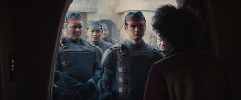 counterclockwise, from far left sergeant mosk alex ferns, syril karn kyle soller and maarva fiona shaw in a scene from lucasfilm's andor, exclusively on disney ©2022 lucasfilm ltd  tm all rights reserved