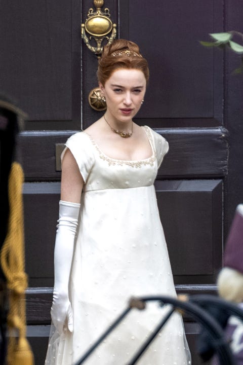 phoebe dynevor on the set of bridgerton season 2