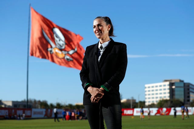 tampa, fl   february 28, 2020   ownerpresident tampa bay buccaneers foundation and glazer family foundation darcie glazer kassewitz speaks to athletes as they compete on day 3 of the 2020 girls flag football preseason classic at adventhealth training center photo bytampa bay buccaneers