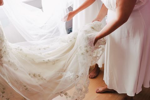 Wedding dress, Dress, Photograph, Clothing, White, Gown, Bridal clothing, Bride, Bridal party dress, Shoulder, 