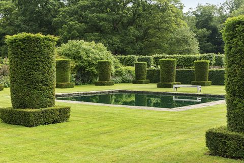 clipped yew columns   taxus baccata   and reflective pool in the silent garden at scampston hall walled garden, north yorkshire, uk