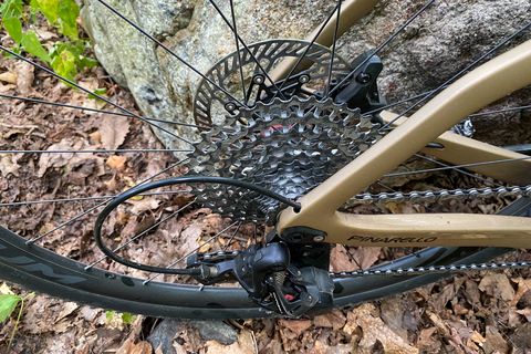 Rear tire and gears on a pinarello grevil f ekar gravel bike
