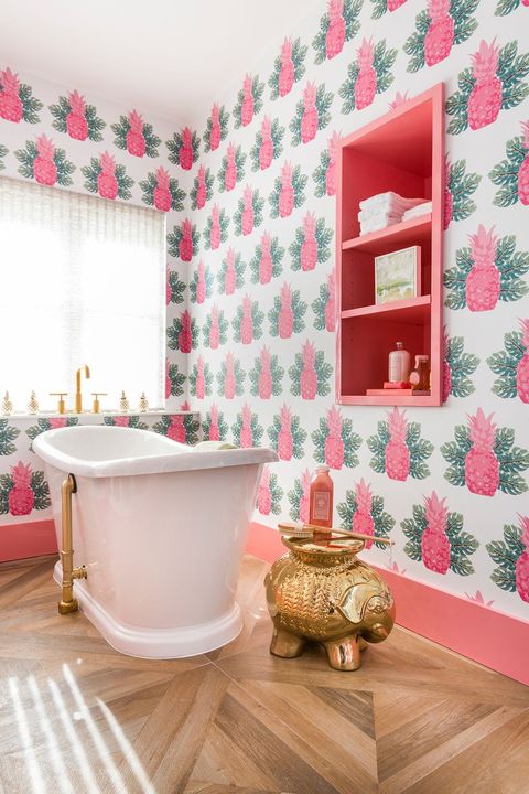 Pink, Room, Floor, Interior design, Bathroom, Wall, Red, Property, Wallpaper, Tile, 