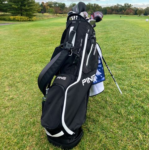 ping hoofer stand golf bag on a golf course