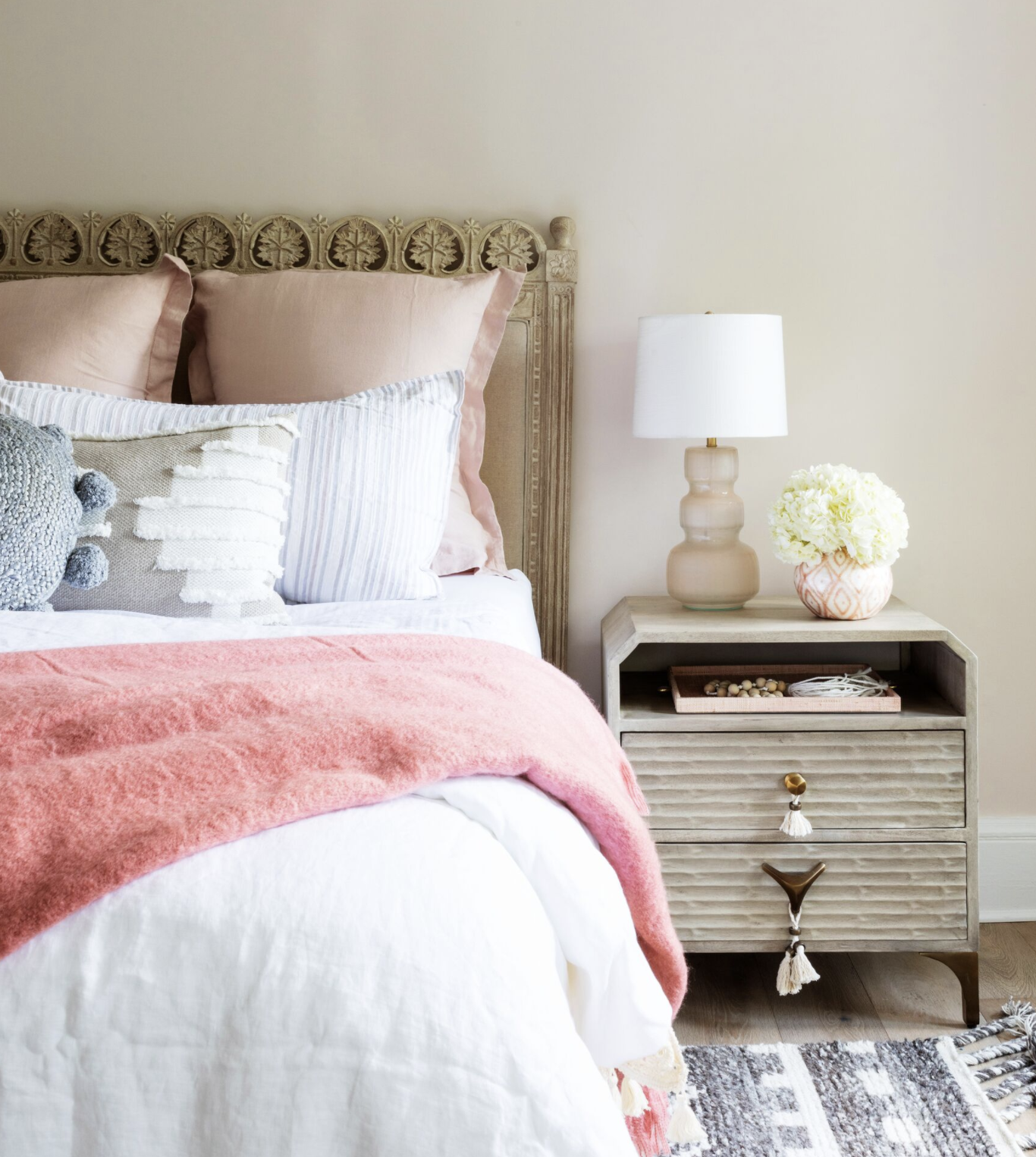 gray and light pink bedroom