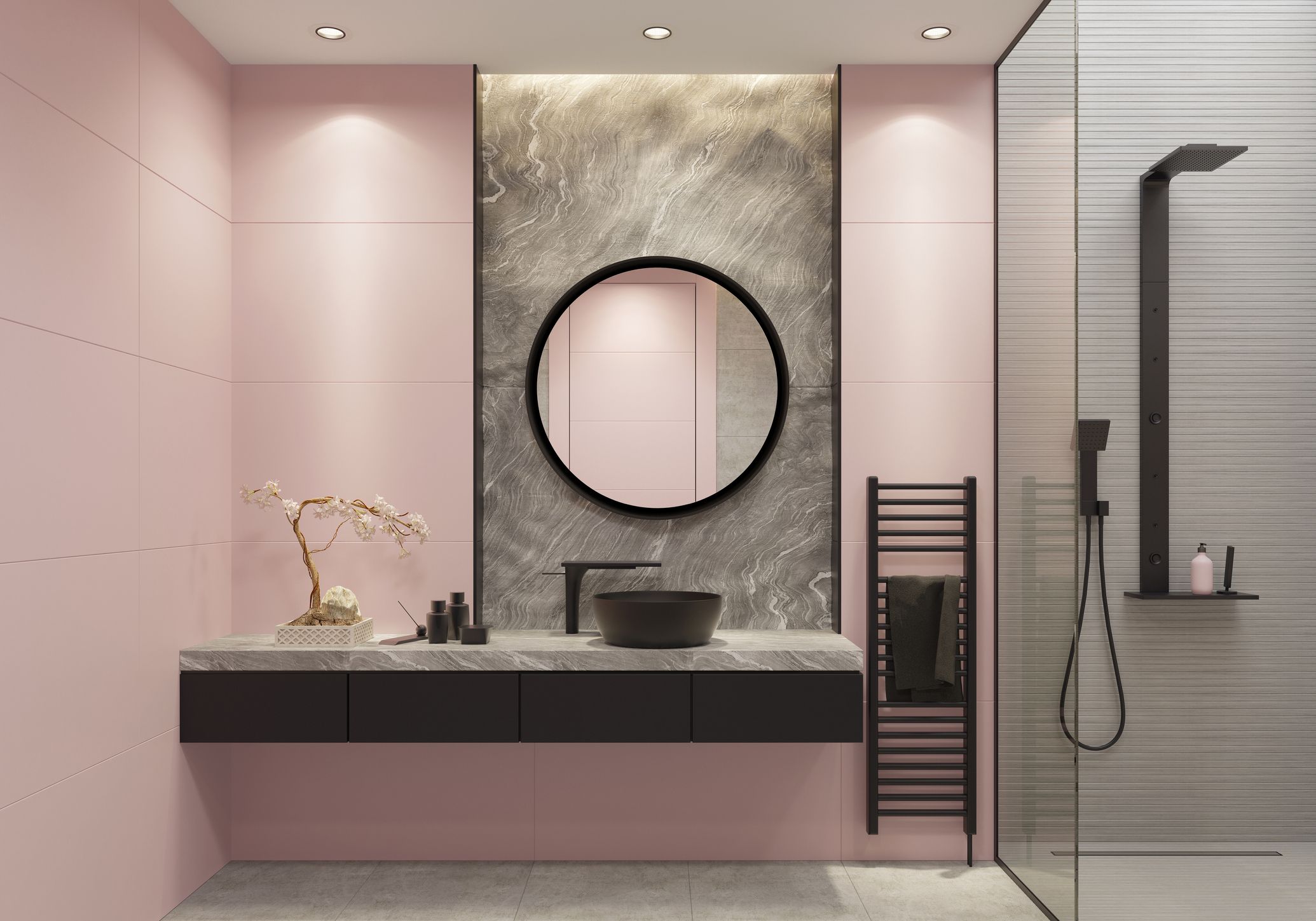 blush and gray bathroom decor