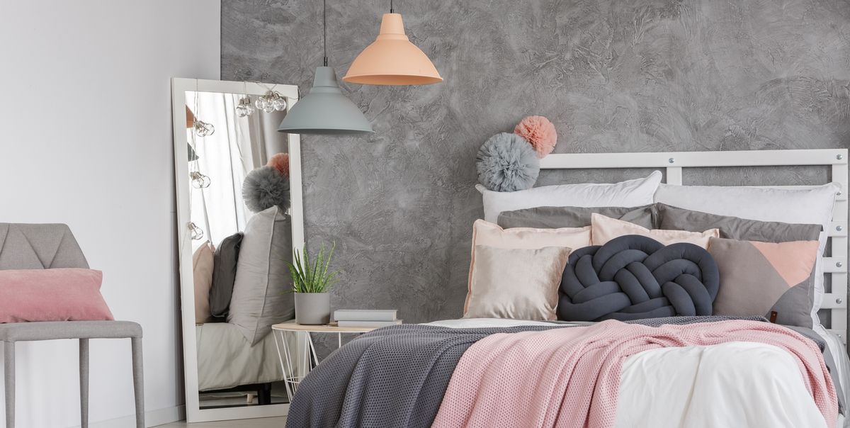 pink bedroom with grey furniture