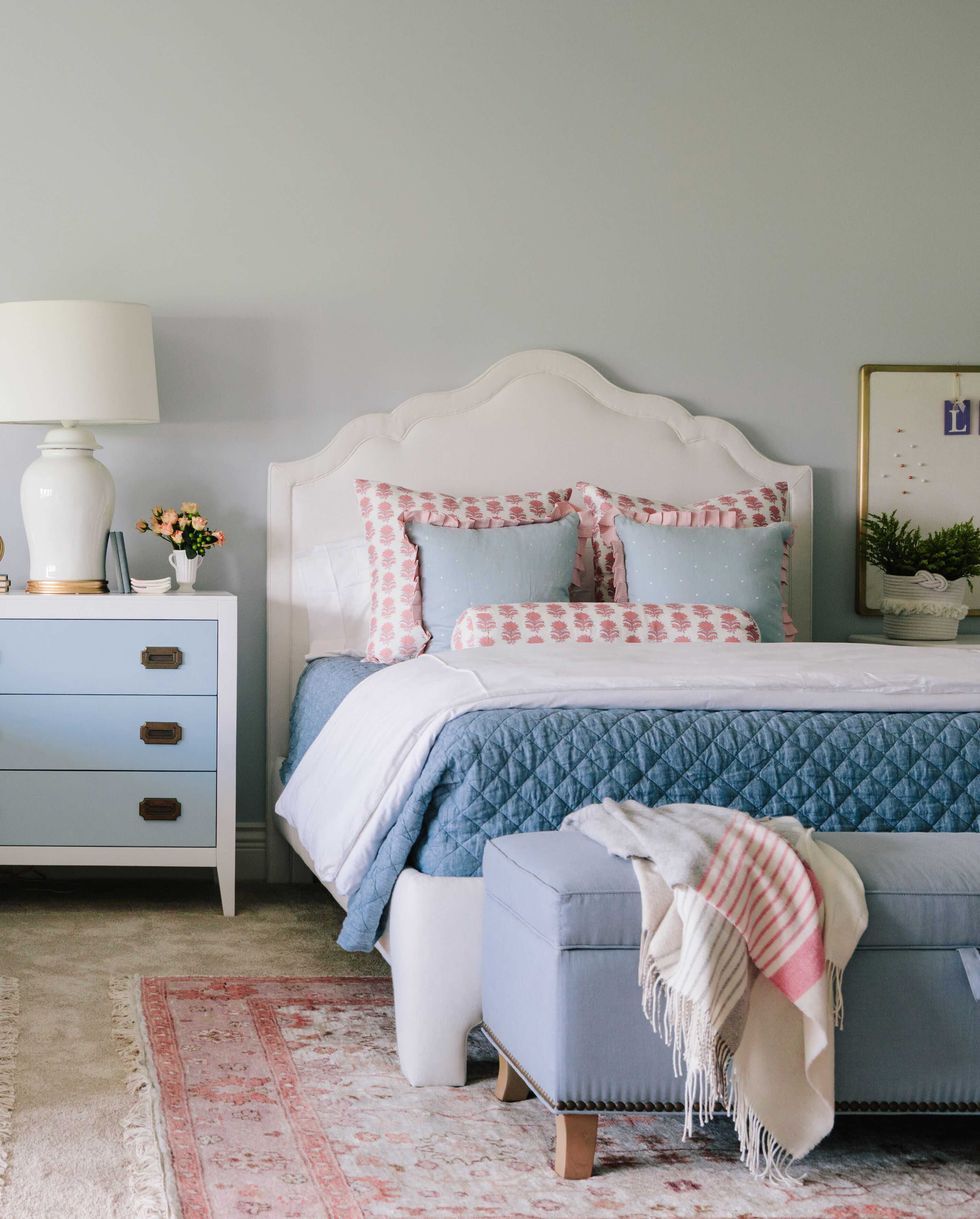 light grey and light pink bedroom