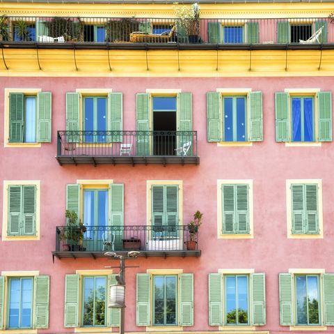 pink house, French Riviera, shutters, balconies