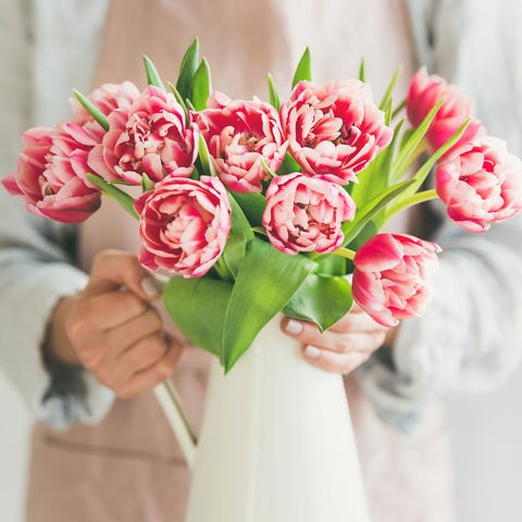 Frische rosa Tulpen in weißer Emaille-Vase