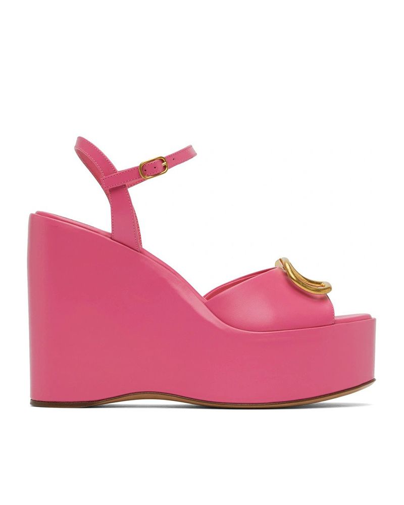 Five Ring Wedge in pink Suedette and ivory leatherette 