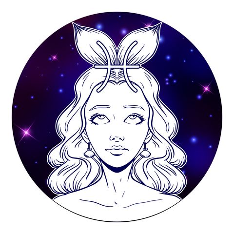 pisces zodiac sign artwork, beautiful girl face, horoscope symbol, star sign, vector illustration