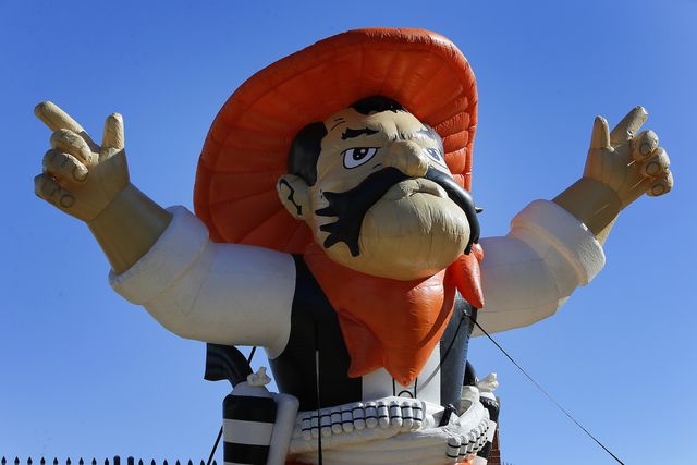 stillwater, ok   november 2  pistol pete towers over a tailgate party at the oklahoma state cowboys on november 2, 2019 at boone pickens stadium in stillwater, oklahoma  photo by brian bahrgetty images