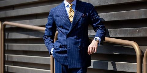 Clothing, Suit, Blue, Formal wear, Outerwear, Coat, Tie, Cobalt blue, Fashion, Blazer, 