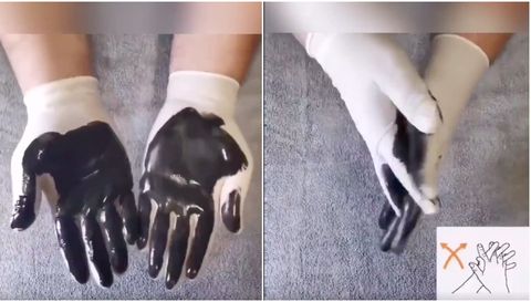 black plaint on white gloves showing hand washing techniques