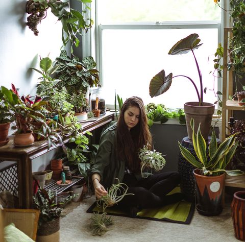 vrouw omringt met planten