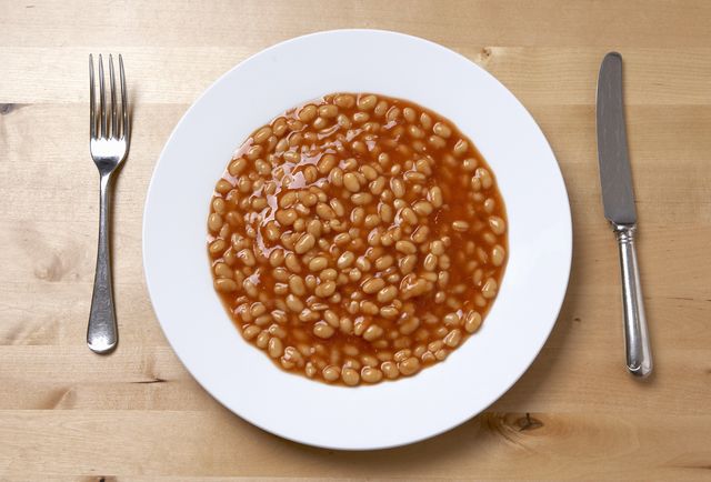 plate of baked beans, overhead view