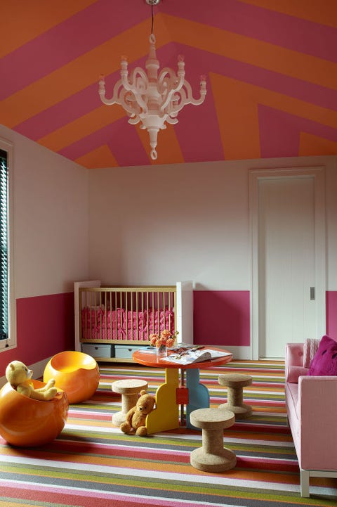 Room, Orange, Interior design, Ceiling, Yellow, Furniture, Property, Purple, Table, Building, 