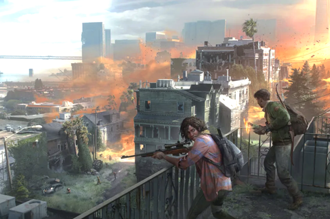 last of us standalone multiplayer concept art, with a man and a woman wielding weapons looking over a war torn city