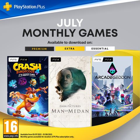 playstation plus monthly games july 2022, with crash bandicoot 4, man of medan, arcadegeddon