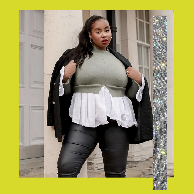 best plus size trousers to shop 2021, according to cosmopolitan's curve editor, lauren nicole coppin campbell   wearing black leather leggings, a cropped jumper, white shirt and black coat