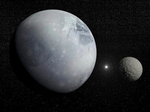 Pluton, zijn grote maan Charon en de ster Polaris.