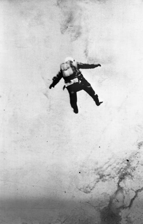 air force captain joseph w kittenger, jr is photographed by a fixed camera as he plummets through the air for a delayed parachute jump from 76,400 feet over new mexico captain kittenger fell for three minutes before his parachute opened automatically at 10,000 feet above the ground the jump was made november 16th feet above the ground