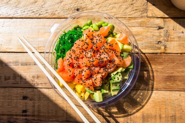 poke bowl with salmon, directly above view