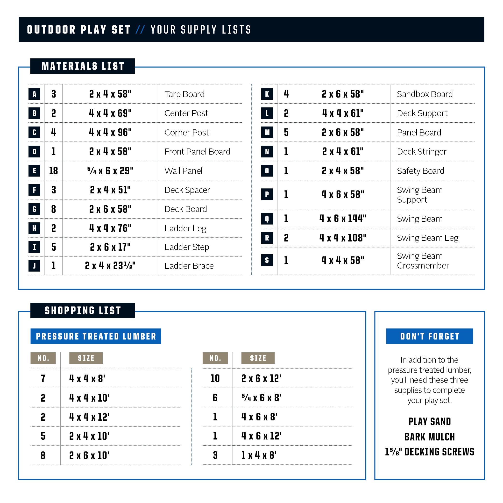 swing set lumber list