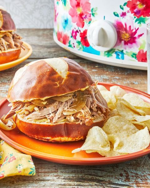 slow cooker pulled pork sandwich with chips