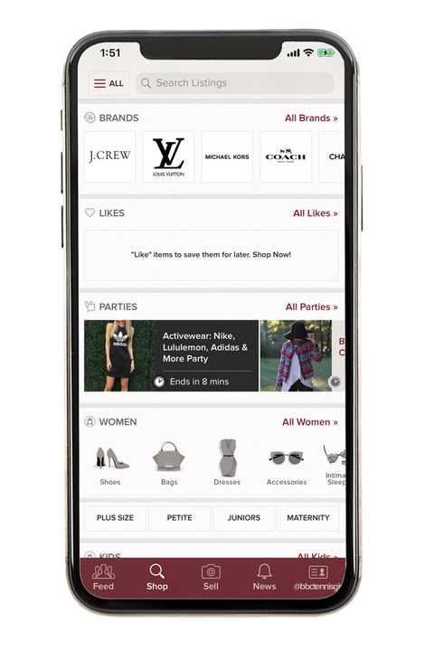 the website poshmark displayed on an iphone against a white backdrop