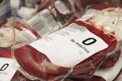 Pouches of donated blood in hospital