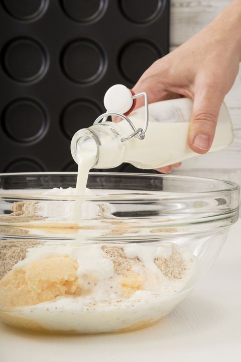 pouring buttermilk to dough for whoopie pies