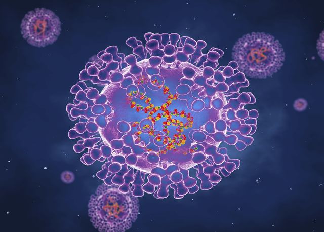 monkeypox viruses illustration in purple with a blue background