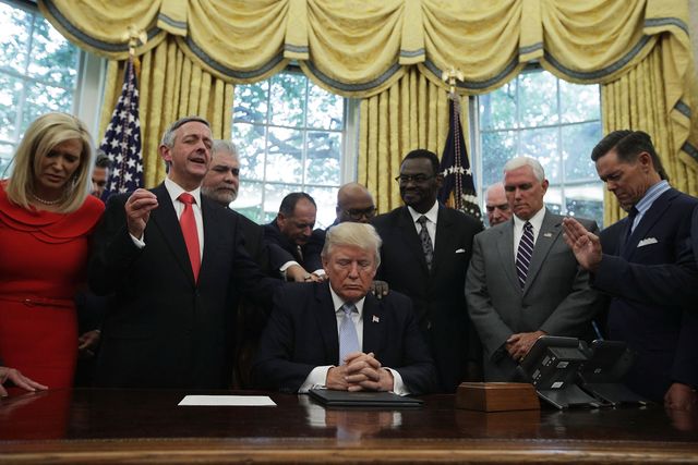 washington, dc   september 01  us president donald trump, vice president mike pence and faith leaders say a prayer during the signing of a proclamation in the oval office of the white house september 1, 2017 in washington, dc president trump signed a proclamation to declare this sunday as a national day of prayer for people affected by hurricane harvey  photo by alex wonggetty images
