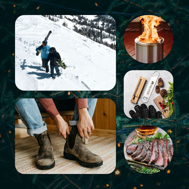 collage of prizing showing aether apparel clad skiiers on a mountain a solo stove bonfire pit a person wearing blundstone boots a bundle of meater products next to a holiday gift and a sliced vermont wagyu steak