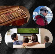 man wearing a goruck backpack,a la aurora humidor, a family enjoying a roku streaming bundle setup, a man wearing outdoor master goggles, and several copies of gear patrol magazine laying flat