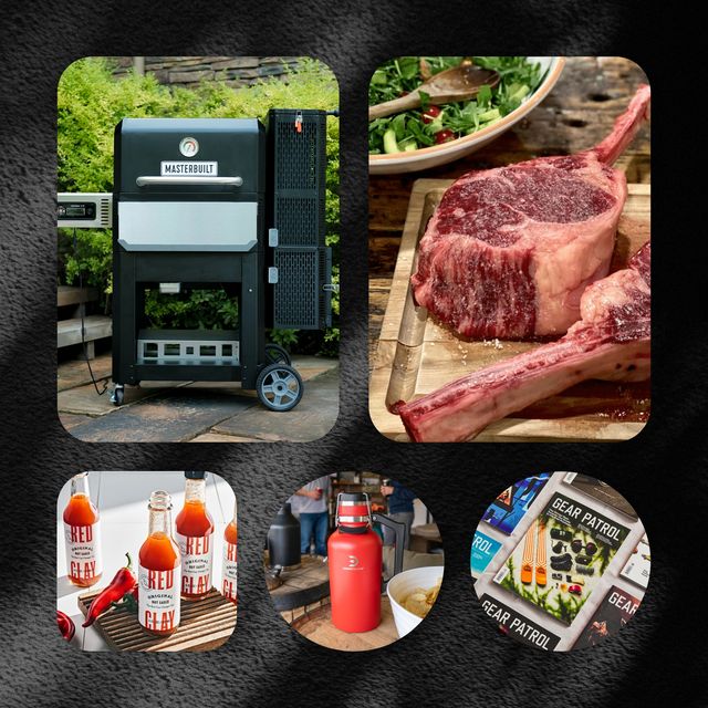 collage with a black masterbuilt grill and smoker, some cuts of vermont wagyu beef, an assortment of red clay hot sauce, a red drink tanks tumbler, and a copy of gear patrol magazine
