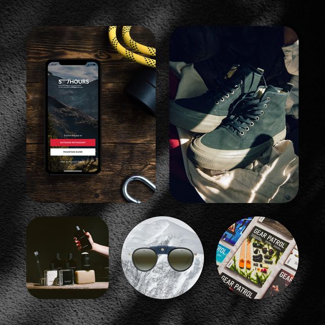 57hours app loaded on an iphone screen, a pair of vuarnet sunglasses in front of a snowy mountain, copy of gear patrol magazine laying flat, collection of hawthorne grooming products on a table, and a pair of seavees shoes