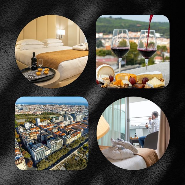 portugal sweeps collage of a bed in hotel smy lisboa, wine being poured into two wine glasses resting behind a cheese board, a sprawling view of the city of portugal, and a man enjoying his wine on the balcony of his hotel room
