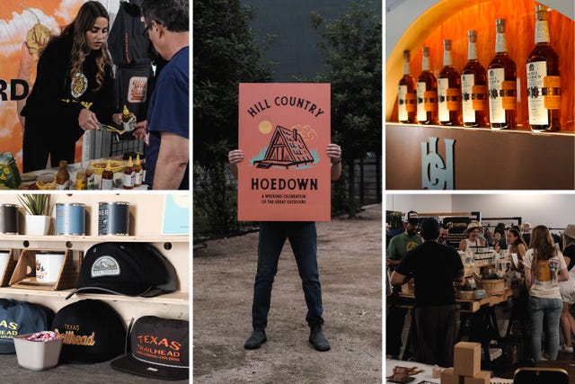 collage of vendors and attendees at an american field festival showcasing hot sauce, bottles of whiskey, and hats