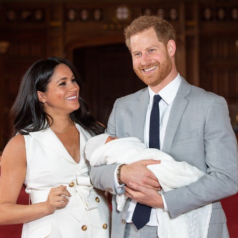 the duke duchess of sussex pose with their newborn son