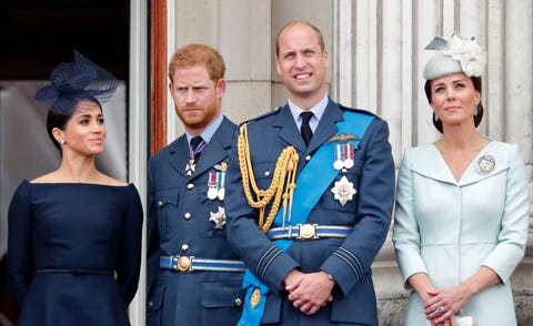 london, united kingdom july 10 embargoed for publication in uk newspapers until 24 hours after create date and time meghan, duchess of sussex, prince harry, duke of sussex, prince william, duke of cambridge and catherine, duchess of cambridge watch a flypast to mark the centenary of the royal air force from the balcony of buckingham palace on july 10, 2018 in london, england the 100th birthday of the raf, which was founded on on 1 april 1918, was marked with a centenary parade with the presentation of a new queens colour and flypast of 100 aircraft over buckingham palace photo by max mumbyindigogetty images