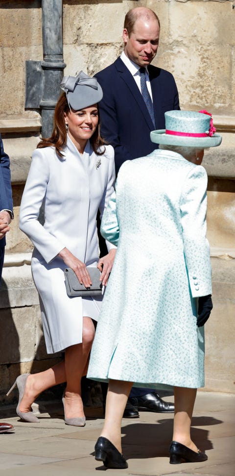 the royal family attend easter service at st george's chapel, windsor, kate middleton smiles as the queen passes by