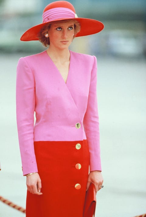 kuwait city, united arab emirates   march 15  diana, princess of wales, wears a catherine walker suit and a philip somerville hat during her official tour of the gulf states on march 15, 1989 in kuwait city, united arab emirates  photo by georges de keerlegetty images