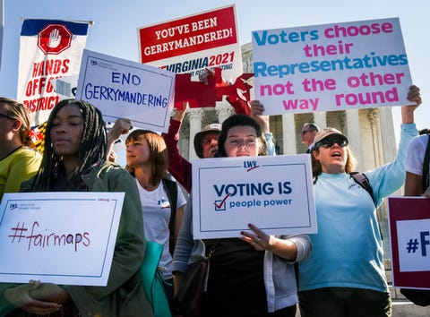 Principals and protestors in front of the Supreme Court while the Justices hear arguments on gerrymandering, in Washington, DC.